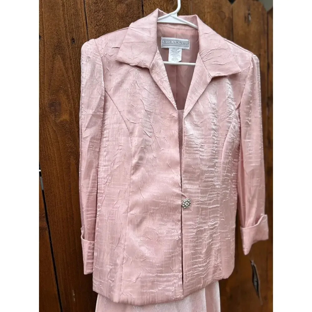NWT Jessica Howard Pink Iridescent Metallic Formal Maxi Dress Jacket Set 8